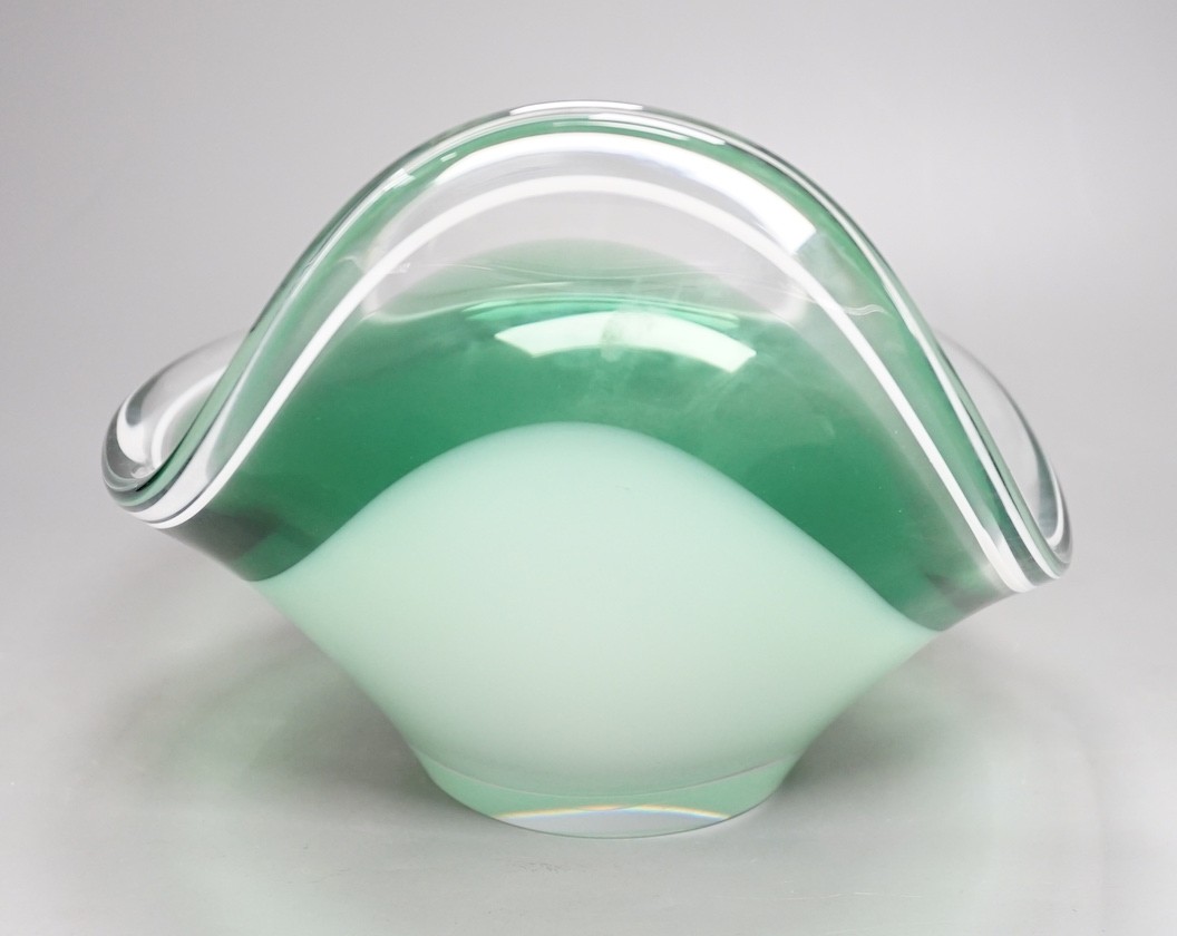 A Flygfors green and white cased glass bowl, signed, 30cm
